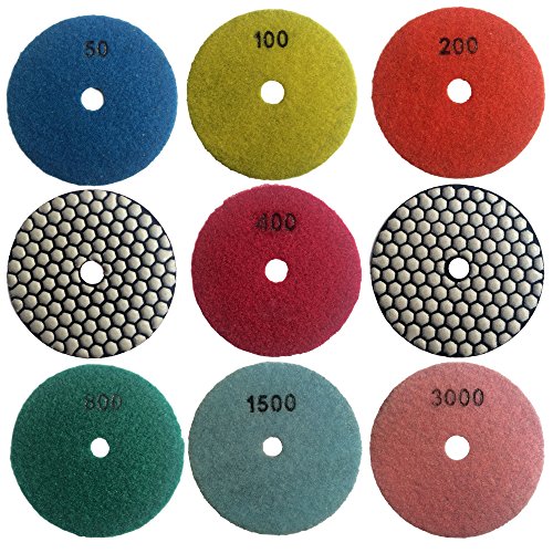 Easy Light 4" Dry Diamond Polishing Pads for Granite Marble Polisher (7 Pcs Set, Grit 50-3000)