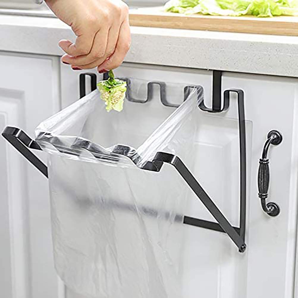 LANGUGU Stainless Steel Foldable Trash Rack Garbage Bag Holder Door Back Type Multi-Functional for Kitchen Hook Hang Dishcloth, Mounts Over Cabinet Doors Cupboards Frame