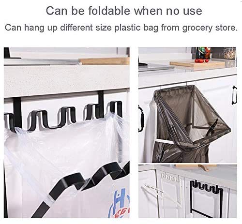 LANGUGU Stainless Steel Foldable Trash Rack Garbage Bag Holder Door Back Type Multi-Functional for Kitchen Hook Hang Dishcloth, Mounts Over Cabinet Doors Cupboards Frame