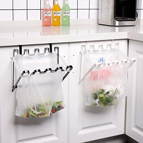 LANGUGU Stainless Steel Foldable Trash Rack Garbage Bag Holder Door Back Type Multi-Functional for Kitchen Hook Hang Dishcloth, Mounts Over Cabinet Doors Cupboards Frame