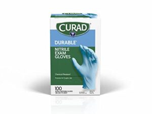 curad nitrile exam gloves, durable, powder free, chemical resistant, one size fits most, 40 count