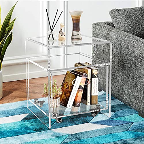 ONELUX 2088 Clear Acrylic nightstand with an Extra Storage Basket on Wheels,Clear Decorative End Table/Home Decor Display Tables,Bathroom Side Tables