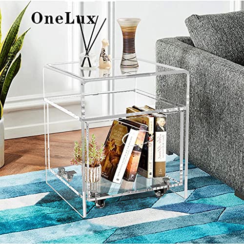 ONELUX 2088 Clear Acrylic nightstand with an Extra Storage Basket on Wheels,Clear Decorative End Table/Home Decor Display Tables,Bathroom Side Tables