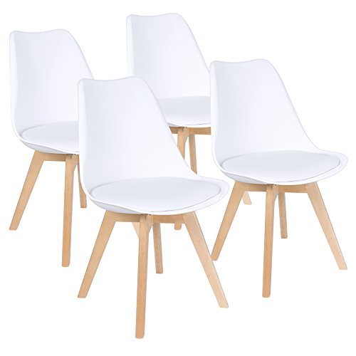 Furmax Mid Century Modern DSW Upholstered Side Beech Wood Legs and Soft Padded Shell Tulip Chair for Dining Living Room Bedroom Kitchen Set of 4 (White)