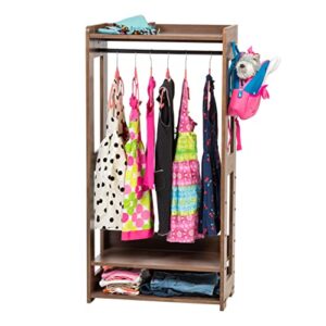 iris usa open wood clothing costume garment hanging rack armoire wardrobe dresser organizer with shoe shelves and side hook, for nursery, kids room, closet, dress-up center, small spaces, brown