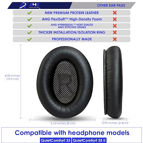 AHG Premium QC35 replacement ear pads cushions compatible with Bose QuietComfort 35 / Bose QC35 II noise cancelling headphones (Black). Premium Protein Leather, Extra Thick High-Density Foam & Durable