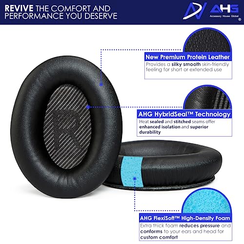 AHG Premium QC35 replacement ear pads cushions compatible with Bose QuietComfort 35 / Bose QC35 II noise cancelling headphones (Black). Premium Protein Leather, Extra Thick High-Density Foam & Durable