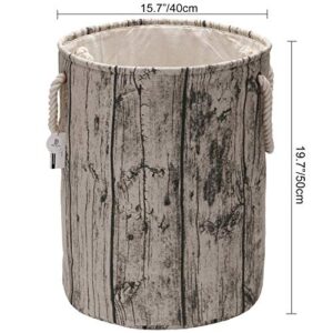 Sea Team 19.7" Large Size Stylish Tree Stump Wood Grain Canvas & Linen Fabric Laundry Hamper Storage Basket with Rope Handles, Birch