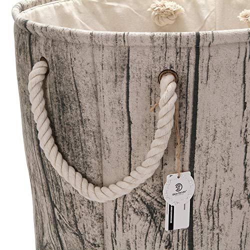 Sea Team 19.7" Large Size Stylish Tree Stump Wood Grain Canvas & Linen Fabric Laundry Hamper Storage Basket with Rope Handles, Birch