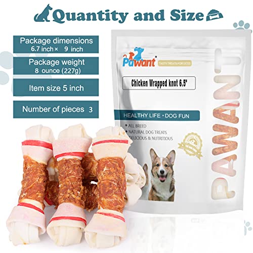 Pawant Chicken Rawhide Bones for Large Dog Treats Puppy Chews Snacks Promotes Healthy Chewing Chicken Wrapped Knot 6.5" 0.5lb