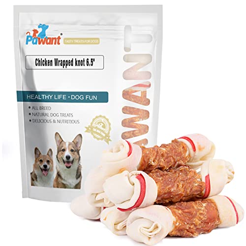 Pawant Chicken Rawhide Bones for Large Dog Treats Puppy Chews Snacks Promotes Healthy Chewing Chicken Wrapped Knot 6.5" 0.5lb