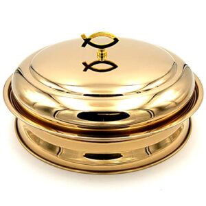 Communion Tray | Stackable | Base, Disk with Bread Plate Integrated and Cover | Stainless Steel | Brass Tone | Capacity for 33 Cups