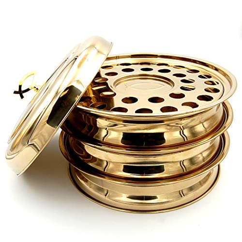 Communion Tray | Stackable | Base, Disk with Bread Plate Integrated and Cover | Stainless Steel | Brass Tone | Capacity for 33 Cups