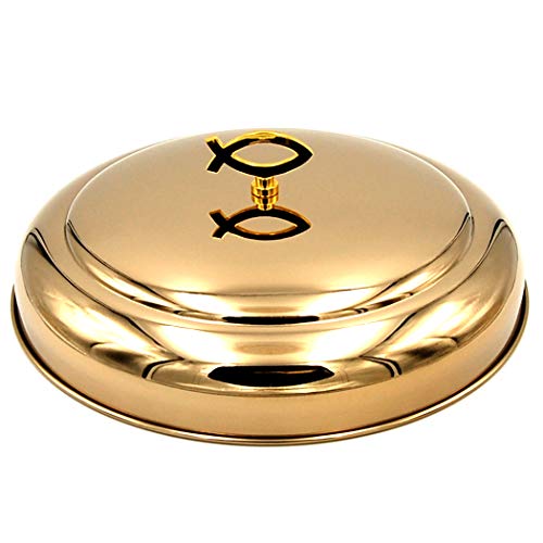 Communion Tray | Stackable | Base, Disk with Bread Plate Integrated and Cover | Stainless Steel | Brass Tone | Capacity for 33 Cups