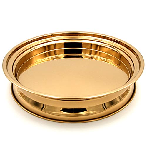 Communion Tray | Stackable | Base, Disk with Bread Plate Integrated and Cover | Stainless Steel | Brass Tone | Capacity for 33 Cups