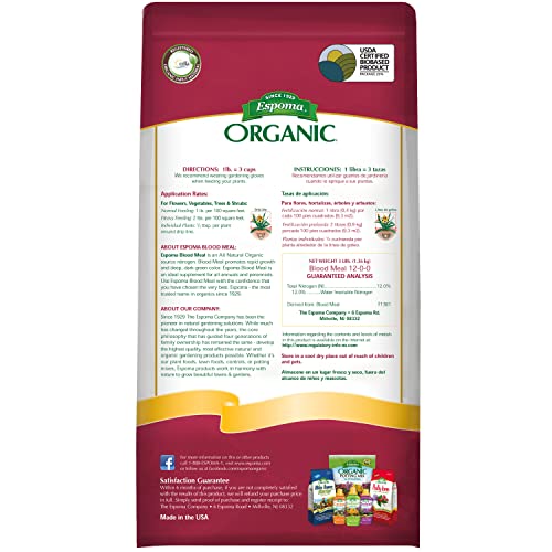 Espoma Organic Blood Meal Fertilizer 12-0-0. All-Natural Plant Food Source of Nitrogen for Organic Gardening. For Flowers, Vegetables, Trees & Shrubs. 3 lb. Bag - Pack of 1.