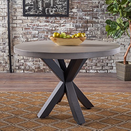 Christopher Knight Home Teague Light Weight Concrete Circular Dining Table with Iron Cross Pedestal Base, White / Black