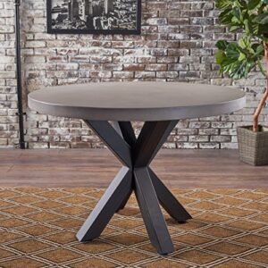 Christopher Knight Home Teague Light Weight Concrete Circular Dining Table with Iron Cross Pedestal Base, White / Black
