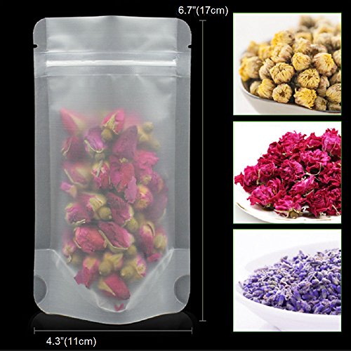 Couga Mall 50 PCS Matte Stand-Up Plastic Storage Bag with Resealable Zip, Heat Sealable Reusable Pouch Packing Bag for Juice, Nuts, Beans and Tea Leaves (4.3” 6.7”)