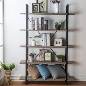 HSH 5-Shelf Vintage Industrial Rustic Bookshelf, 5 Tier Wood and Metal Bookcase, Open Etagere Book Shelf, Farmhouse Wooden Bookshelves, Light Grey Oak