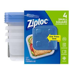 ziploc food storage meal prep containers with one press seal, for travel and organization, dishwasher safe, small square, 4 count