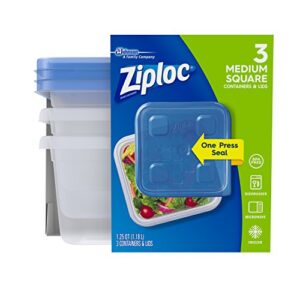 ziploc food storage meal prep containers with one press seal, for travel and organization, dishwasher safe, medium square, 3 count