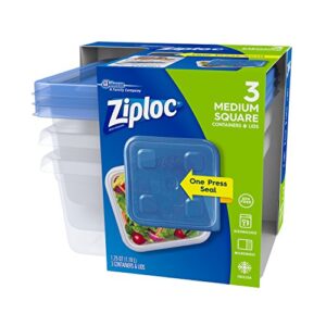 Ziploc Food Storage Meal Prep Containers with One Press Seal, For Travel and Organization, Dishwasher Safe, Medium Square, 3 Count