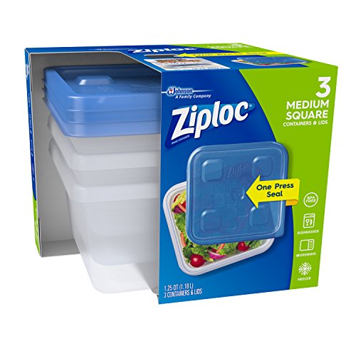 Ziploc Food Storage Meal Prep Containers with One Press Seal, For Travel and Organization, Dishwasher Safe, Medium Square, 3 Count