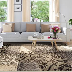 superior bristol collection area rug, 8mm pile height with jute backing, chic geometric damask patchwork design, fashionable and affordable woven rugs - 5' x 8' rug, beige & brown