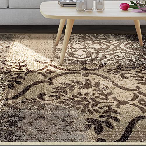 Superior Bristol Collection Area Rug, 8mm Pile Height with Jute Backing, Chic Geometric Damask Patchwork Design, Fashionable and Affordable Woven Rugs - 5' x 8' Rug, Beige & Brown