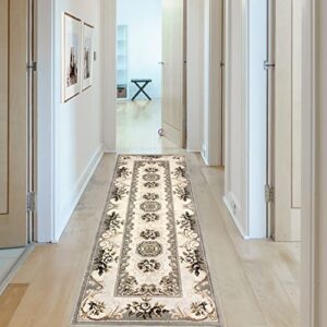 superior traditional oriental floral polypropylene indoor area rug or runner with jute backing, 2'7" x 8', beige