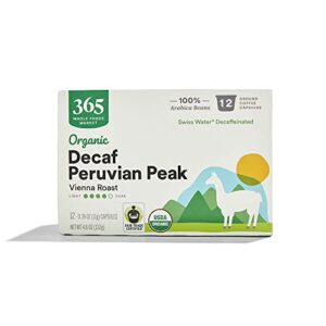 365 by whole foods market, coffee decaf peruvn peak vna roast pods organic 12 count, 4.6 ounce