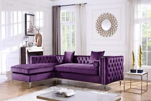 iconic home da vinci velvet modern contemporary button tufted with silver nailhead trim silvertone metal y-leg right facing sectional sofa, purple