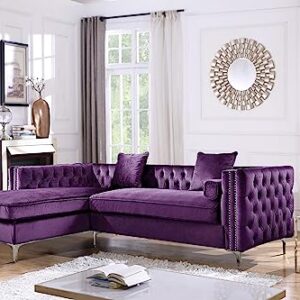 Iconic Home Da Vinci Velvet Modern Contemporary Button Tufted with Silver Nailhead Trim Silvertone Metal Y-Leg Right Facing Sectional Sofa, Purple