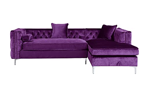 Iconic Home Da Vinci Velvet Modern Contemporary Button Tufted with Silver Nailhead Trim Silvertone Metal Y-Leg Right Facing Sectional Sofa, Purple