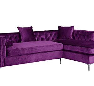 Iconic Home Da Vinci Velvet Modern Contemporary Button Tufted with Silver Nailhead Trim Silvertone Metal Y-Leg Right Facing Sectional Sofa, Purple