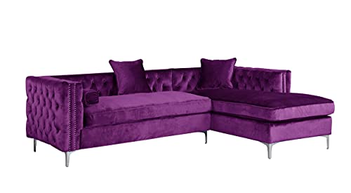 Iconic Home Da Vinci Velvet Modern Contemporary Button Tufted with Silver Nailhead Trim Silvertone Metal Y-Leg Right Facing Sectional Sofa, Purple