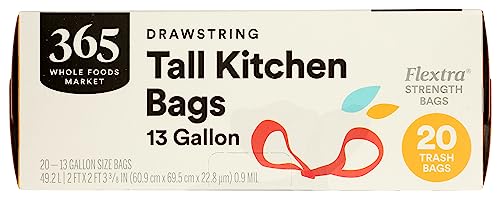 365 by Whole Foods Market, Bag Tall Kitchen Drawstring Flextra 13Gl 20Count, 20 Count