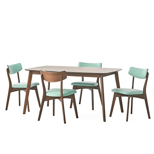 Christopher Knight Home Alma Mid-Century Wood Dining Set with Fabric Chairs, 5-Pcs Set, Natural Walnut / Mint