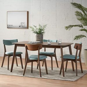 Christopher Knight Home Alma Mid-Century Wood Dining Set with Fabric Chairs, 5-Pcs Set, Natural Walnut / Mint