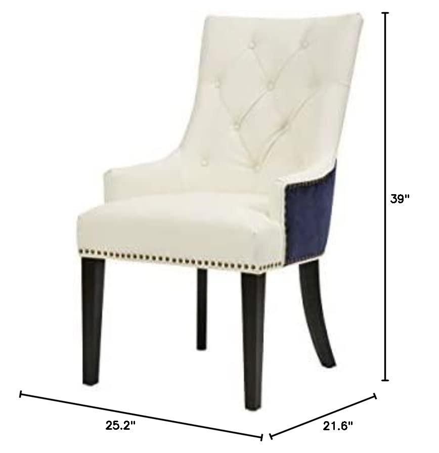 Iconic Home Cadence Dining Side Chair Button Tufted PU Leather Velvet Polished Brass Nailheads Espresso Finished Wooden Legs, Navy – White, Modern Transitional
