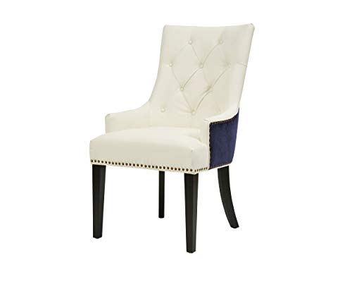 Iconic Home Cadence Dining Side Chair Button Tufted PU Leather Velvet Polished Brass Nailheads Espresso Finished Wooden Legs, Navy – White, Modern Transitional