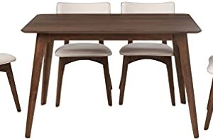 Christopher Knight Home Megann Mid-Century Wood Dining Set with Fabric Chairs, 5-Pcs Set, Natural Walnut / Light Beige