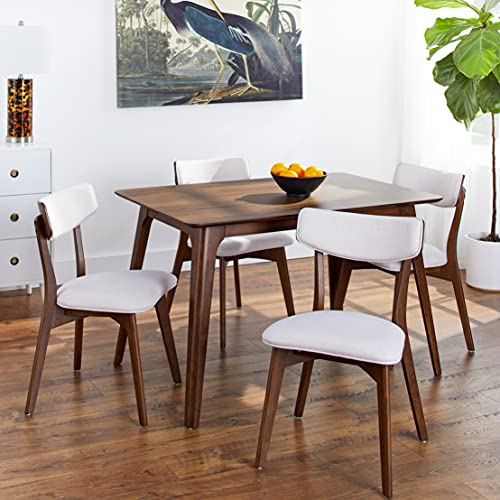 Christopher Knight Home Megann Mid-Century Wood Dining Set with Fabric Chairs, 5-Pcs Set, Natural Walnut / Light Beige