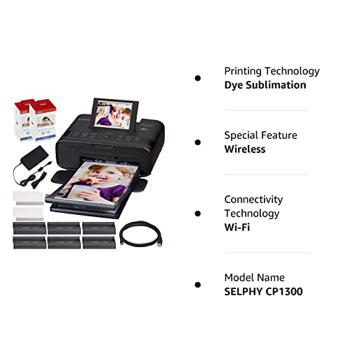 Canon SELPHY CP1300 Compact Photo Printer (Black) with WiFi w/ 2X Color Ink and Paper Set