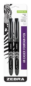 zebra pen fountain pen set, fine point 0.6mm, black non-toxic ink, stainless steel nib, disposable, 2-pack (48312)