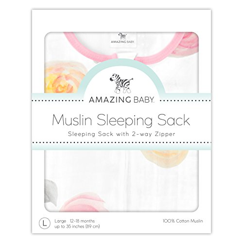 Amazing Baby Muslin Sleeping Sack, Watercolor Roses, Pink, Large, Wearable Blanket with 2-way Zipper (12-18 Months, fits up to 35 inches)