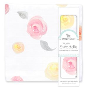 amazing baby muslin swaddle blanket, premium cotton, watercolor roses, pink, 1 pack
