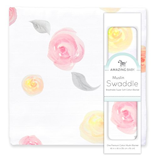 Amazing Baby Muslin Swaddle Blanket, Premium Cotton, Watercolor Roses, Pink, 1 Pack