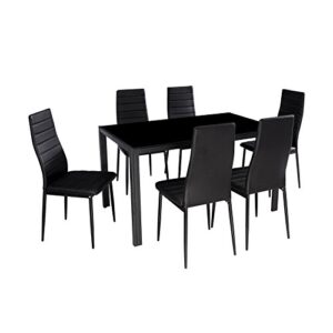 IDS Online 7 Pieces Modern Glass Dining Table Set Faxu Leather With 6 Chairs Black.